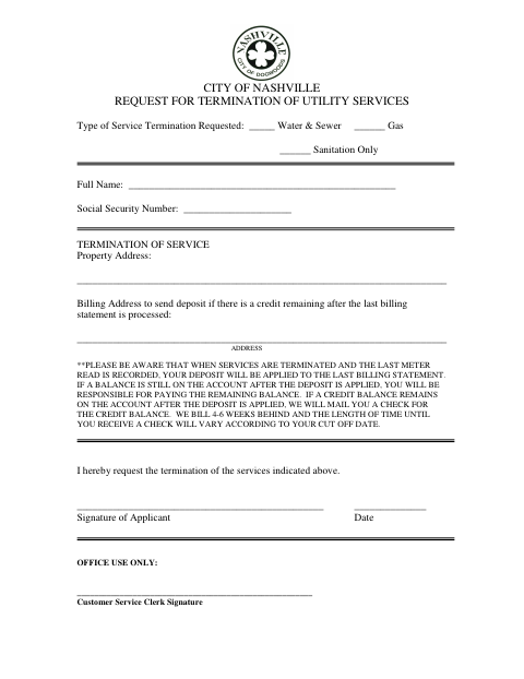First page of the Request for Termination of Utility Services