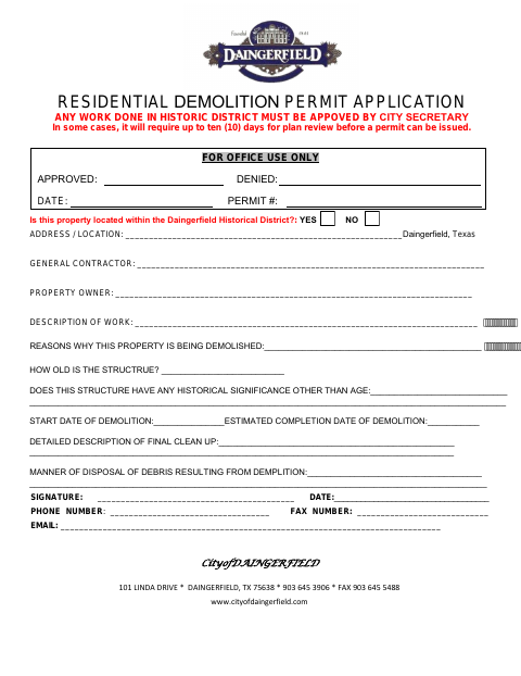 First page of the Residential Demolition Application