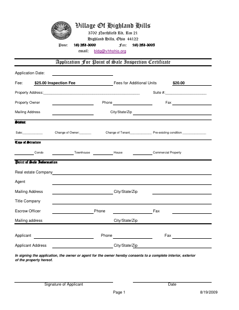 First page of the Application for Point of Sale Inspection Certificate