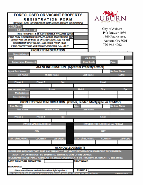 First page of the Foreclosed or Vacant Property Registration Form
