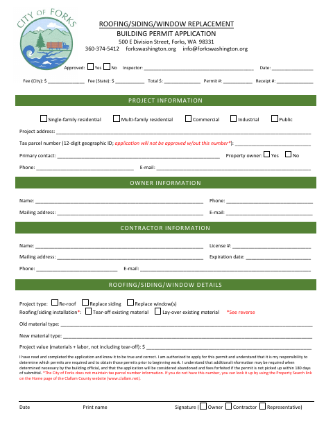 First page of the Roofing/Siding/Window Replacement Building Permit Application