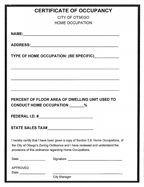 First page of the Home Occupation Form