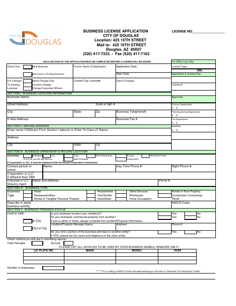 First page of the Business License Application