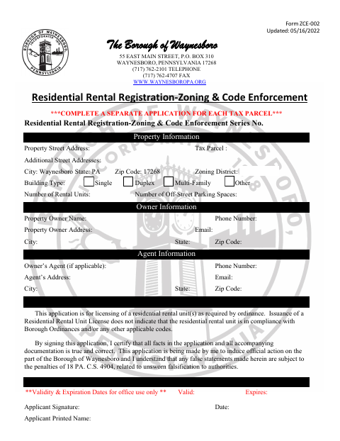 First page of the Residential Rental Registration