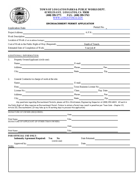 First page of the Encroachment Permit Application