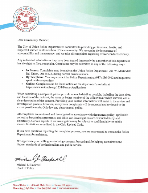 First page of the Formal Officer Complaint