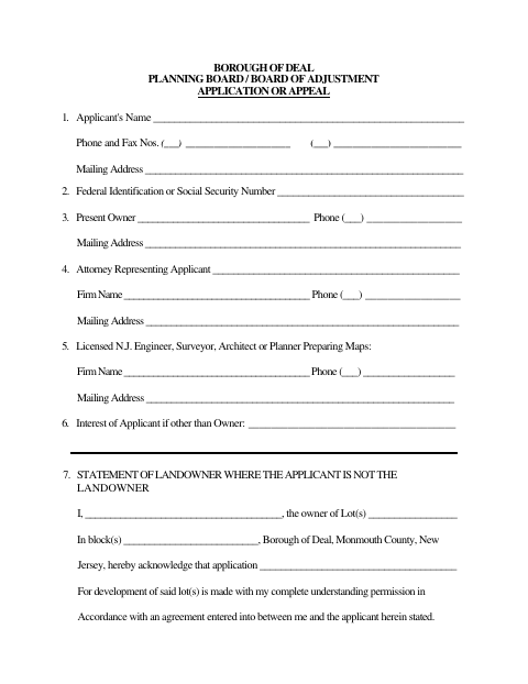 First page of the Planning Board Application or Appeal