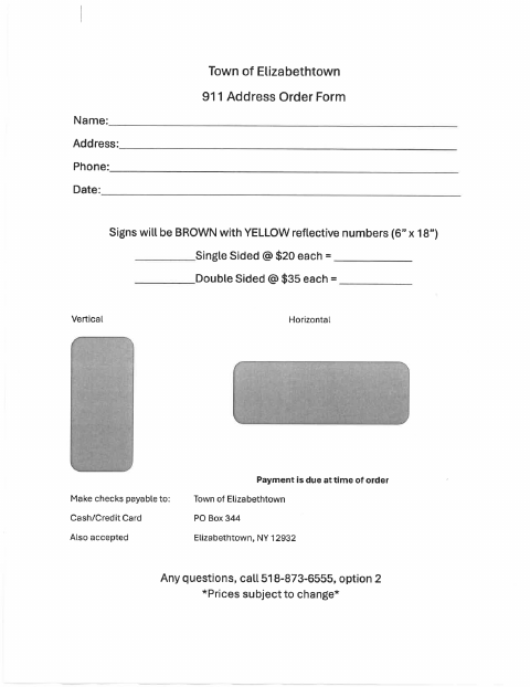 First page of the 911 Address Sign Order Form