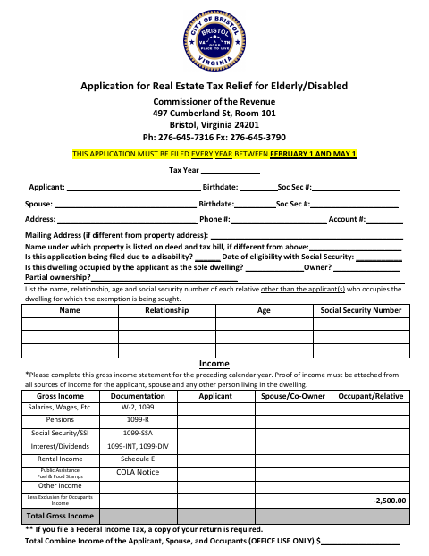 First page of the Application for Real Estate Tax Relief for Elderly/Disabled