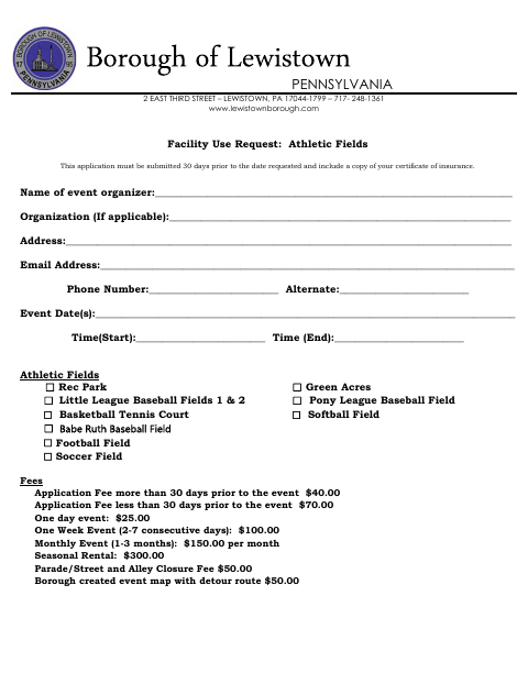 First page of the Facility Use Request: Athletic Fields