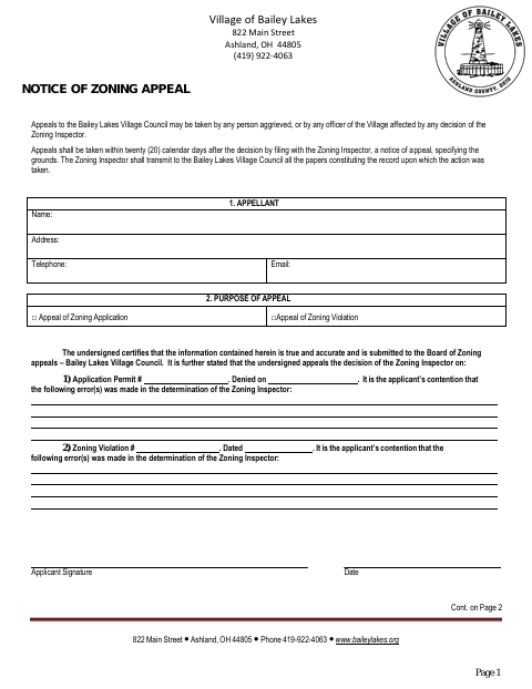 First page of the Notice of Zoning Appeal