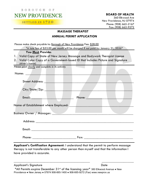 First page of the Massage Therapist Annual Permit Application