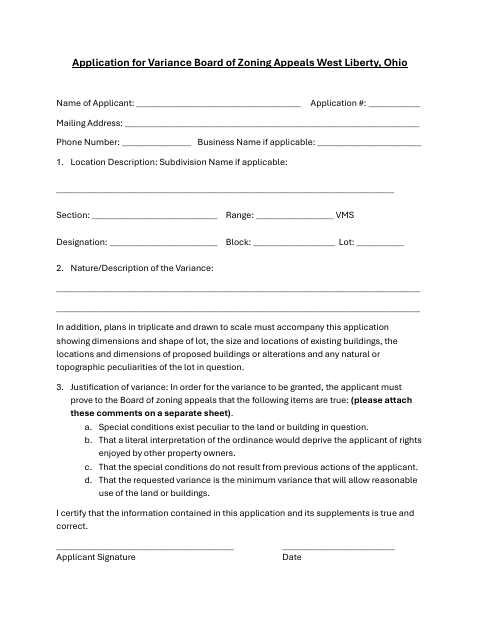 First page of the Application for Variance
