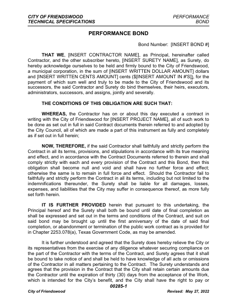 First page of the Performance Bond