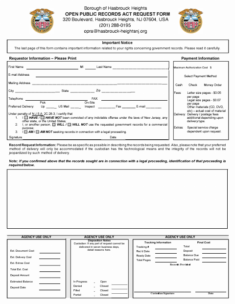 First page of the Open Public Records Act Request Form