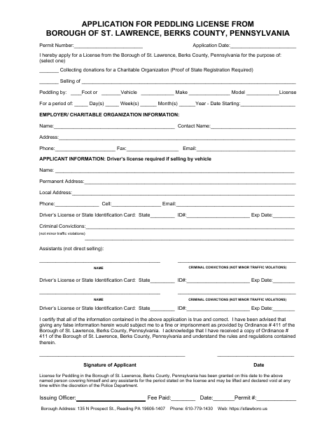 First page of the Application for Peddling License