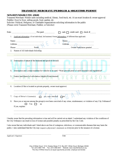 First page of the Transient Merchant, Peddler, and Solicitor Permit