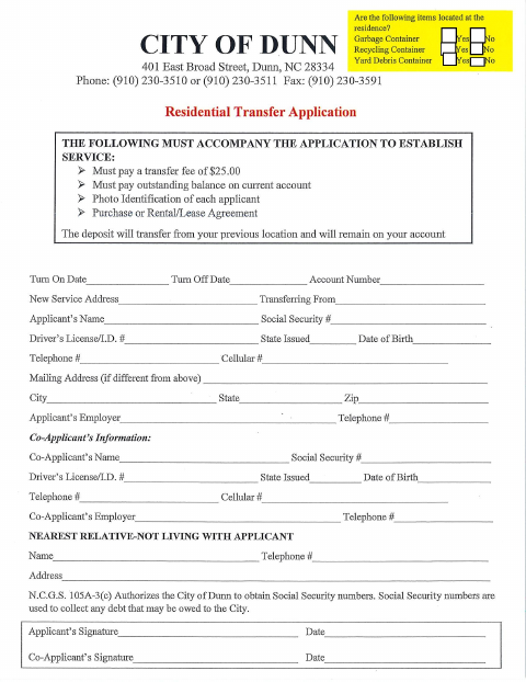 First page of the Residential Transfer Application