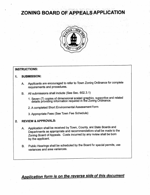 First page of the Zoning Board of Appeals Application