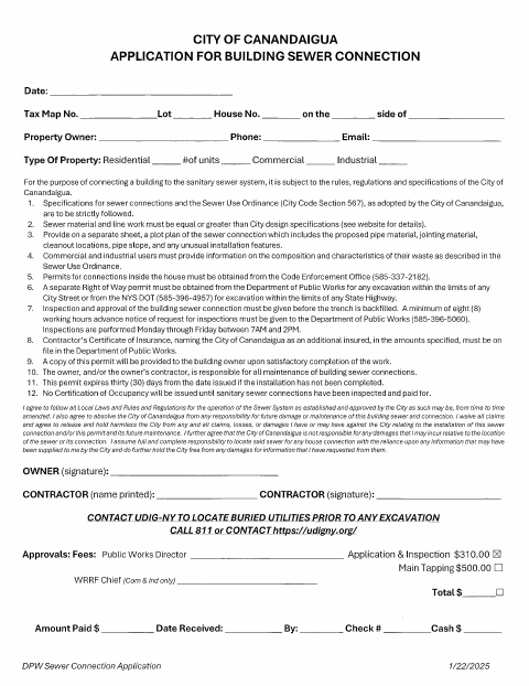 First page of the 2026 Application for Building Sewer Connection