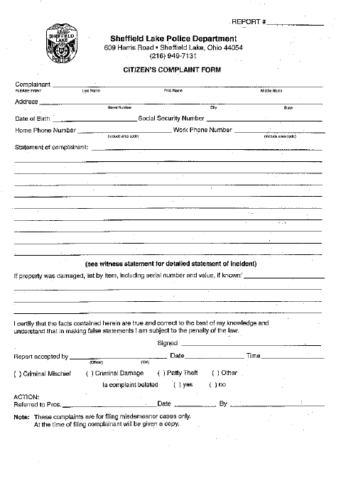 First page of the Police Department Citizen’s Complaint Form