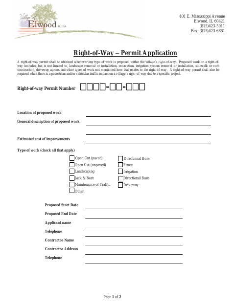 First page of the Right-of-Way Permit Application
