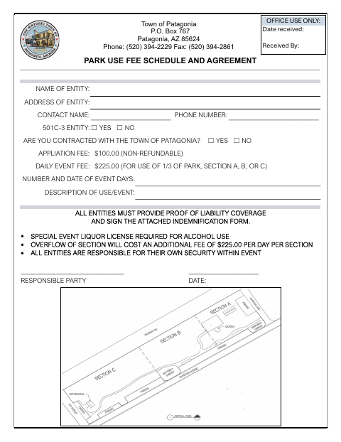 First page of the Park Use Fee Schedule and Agreement