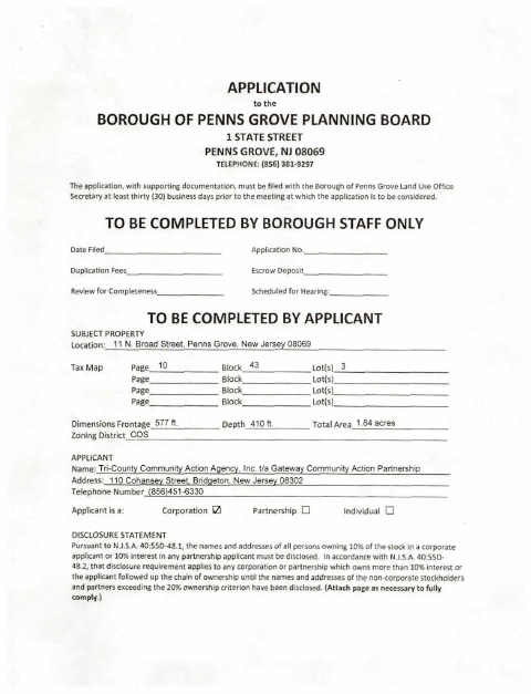 First page of the Planning Board Application