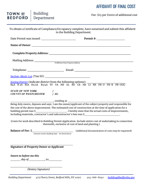 First page of the Affidavit of Final Cost