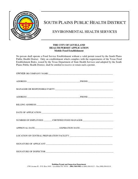 First page of the Health Permit Application