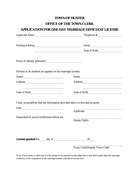 First page of the One-Day Marriage Officiant License Application