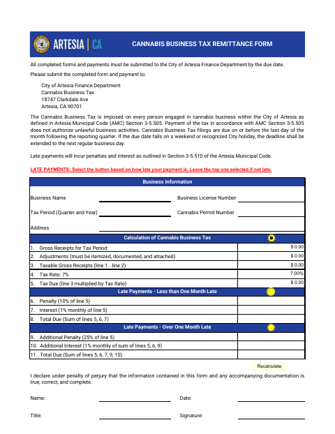 First page of the Cannabis Business Tax Remittance Form