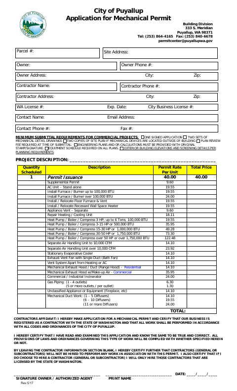 First page of the Application for Mechanical Permit