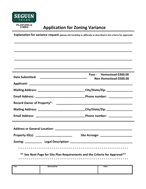 First page of the Application for Zoning Variance