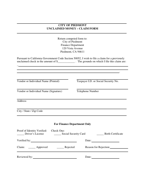 First page of the Unclaimed Money Claim Form