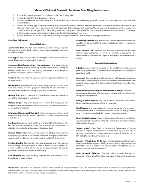 First page of the General Civil and Domestic Relations Case Filing and Disposition Forms