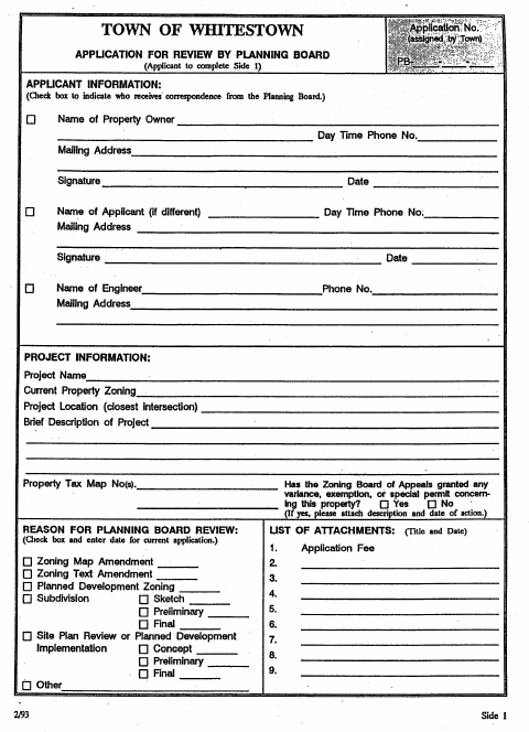 First page of the Planning Board Application