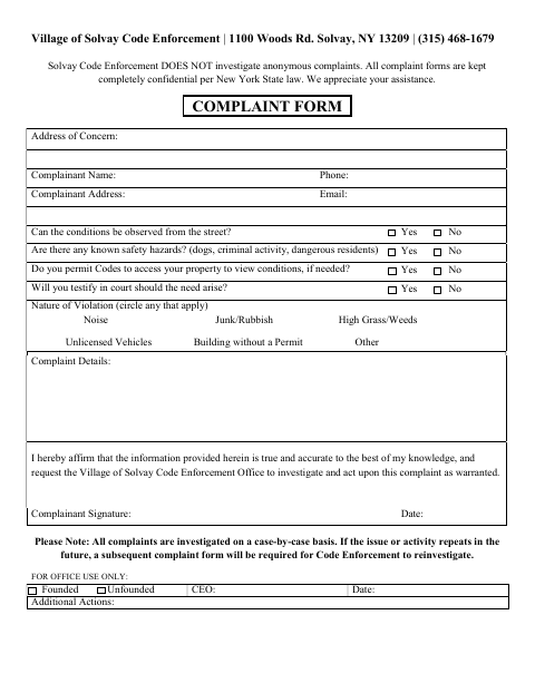 First page of the Complaint Form