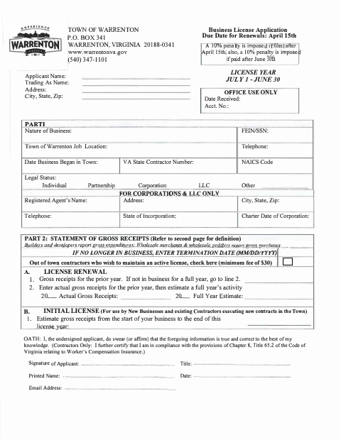 First page of the Business License Application