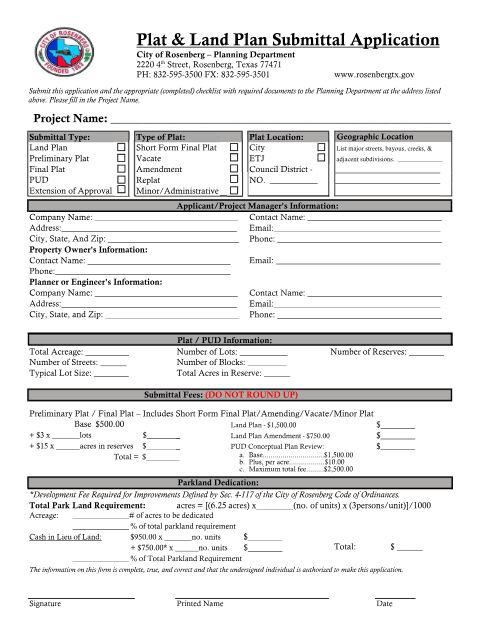 First page of the Land Plan and Plat Application