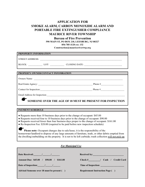 First page of the Application for Smoke Alarm, Carbon Monoxide Alarm and Portable Fire Extinguisher Compliance