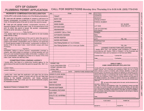 First page of the Plumbing Permit Application