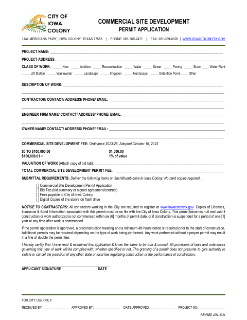 First page of the Commercial Site Development Permit Application