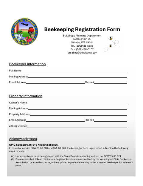 First page of the Beekeeping Registration Form