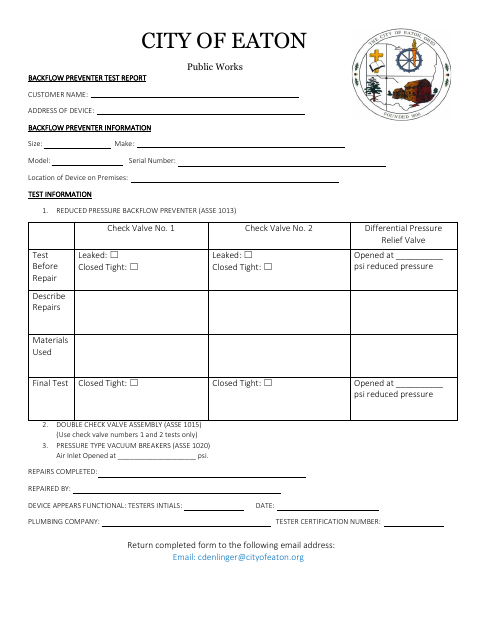 First page of the Backflow Preventer Test Report