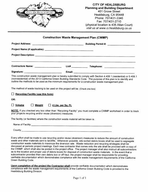 First page of the Construction Waste Management Plan Form