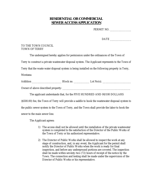 First page of the Residential or Commercial Sewer Access Application