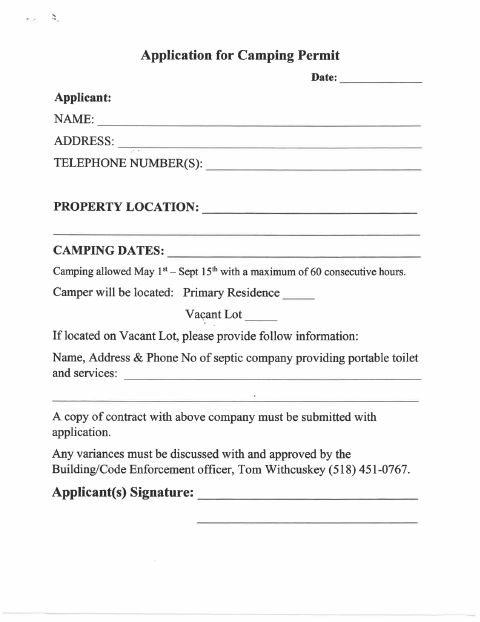First page of the Camping Permit Application