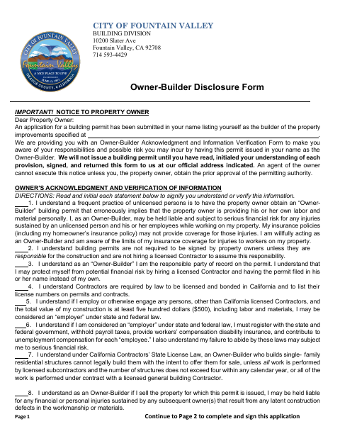 First page of the Owner-Builder Disclosure Form