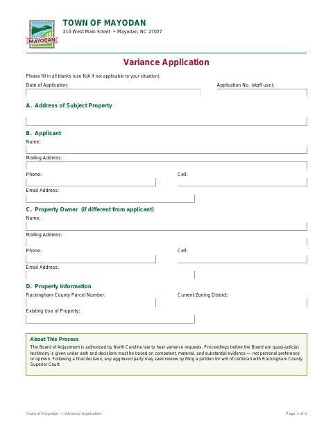 First page of the Variance Application